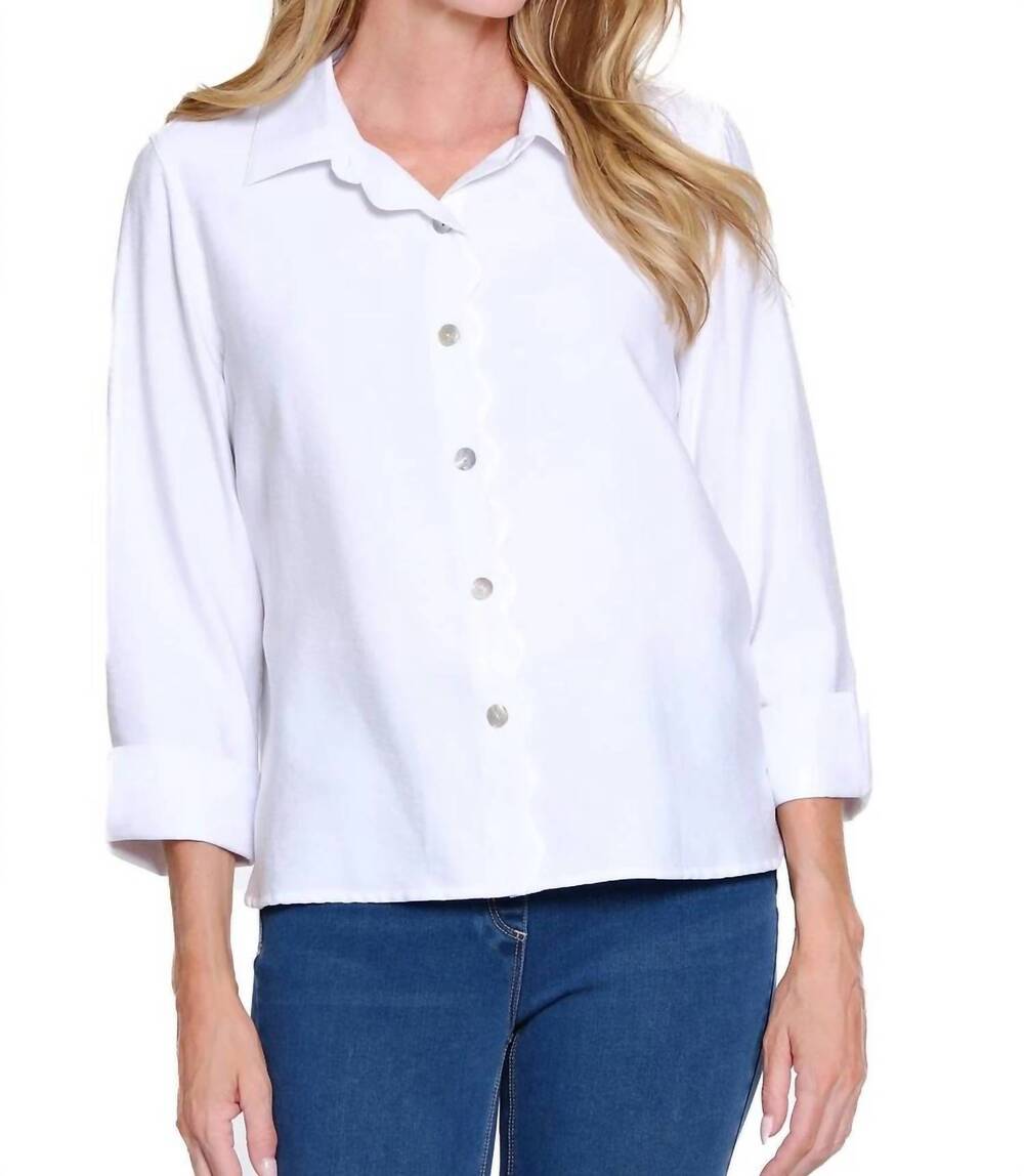 NEW MULTIPLES 3/4 sleeve scallop button front shirt in white